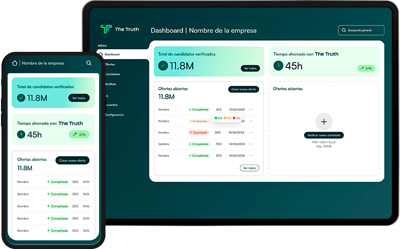 Captura de la plataforma The Truth mostrando el dashboard y tiempo ahorrado