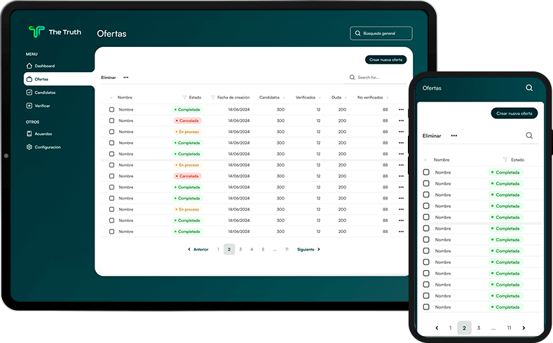 Captura de la plataforma The Truth mostrando el proceso de gestión de ofertas de trabajo