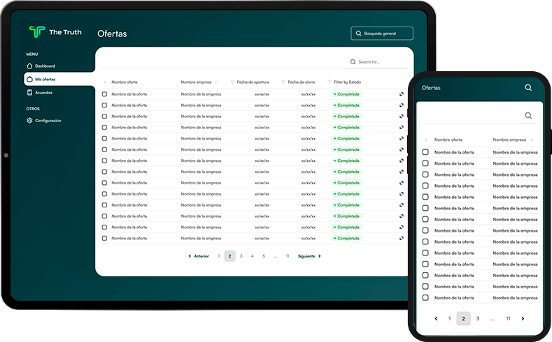 Captura de la plataforma The Truth mostrando el proceso de gestión de mis ofertas de trabajo