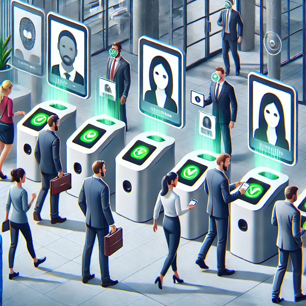 DALL·E 2024-10-04 12.34.11 - A group of individuals using different types of ID badges at separate digital scanners for credential verification. The setting is a busy office lobby