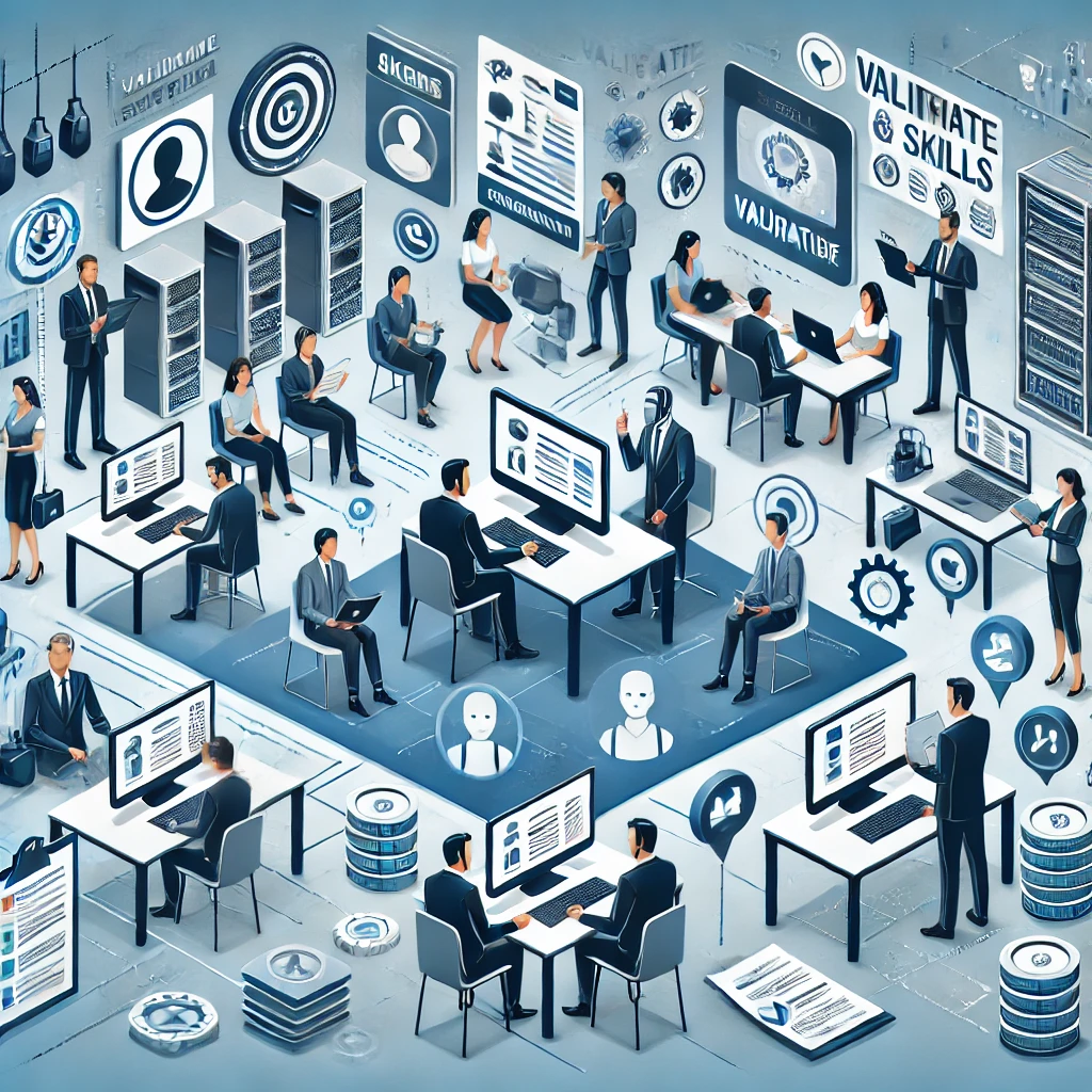 DALL·E 2024-10-07 10.58.06 - An infographic about the importance of validating skills and work experience in a technological environment. The image features several people in a mo