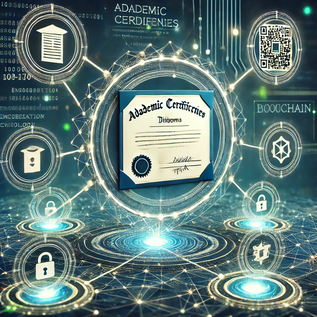 DALL·E 2024-09-26 10.29.52 - A modern, digital image representing academic credentials on blockchain technology. The scene features a blockchain network diagram with connected nod