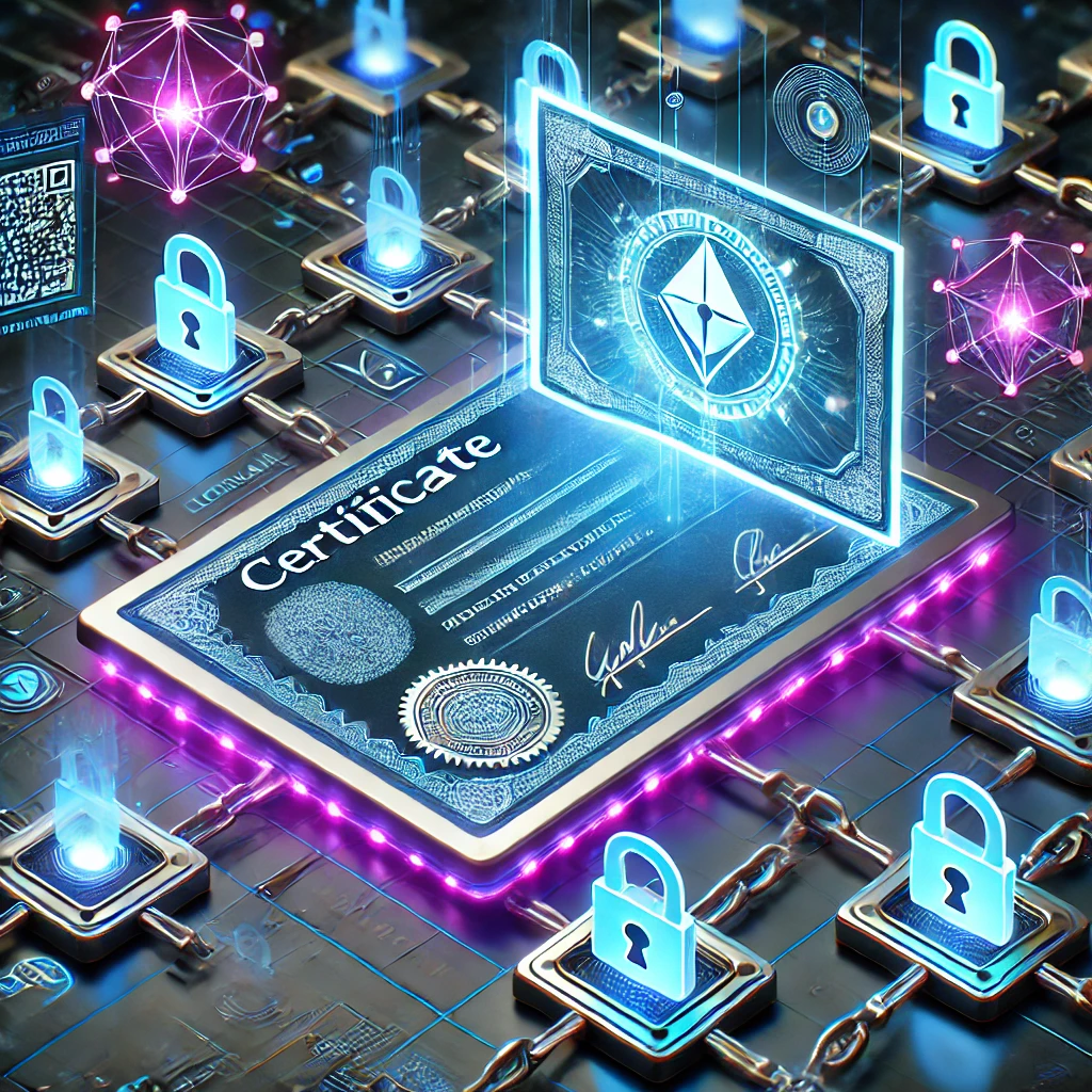 DALL·E 2024-09-26 10.35.45 - A futuristic scene of certificate issuance on blockchain. The image shows a glowing certificate being locked into a blockchain ledger, with nodes and
