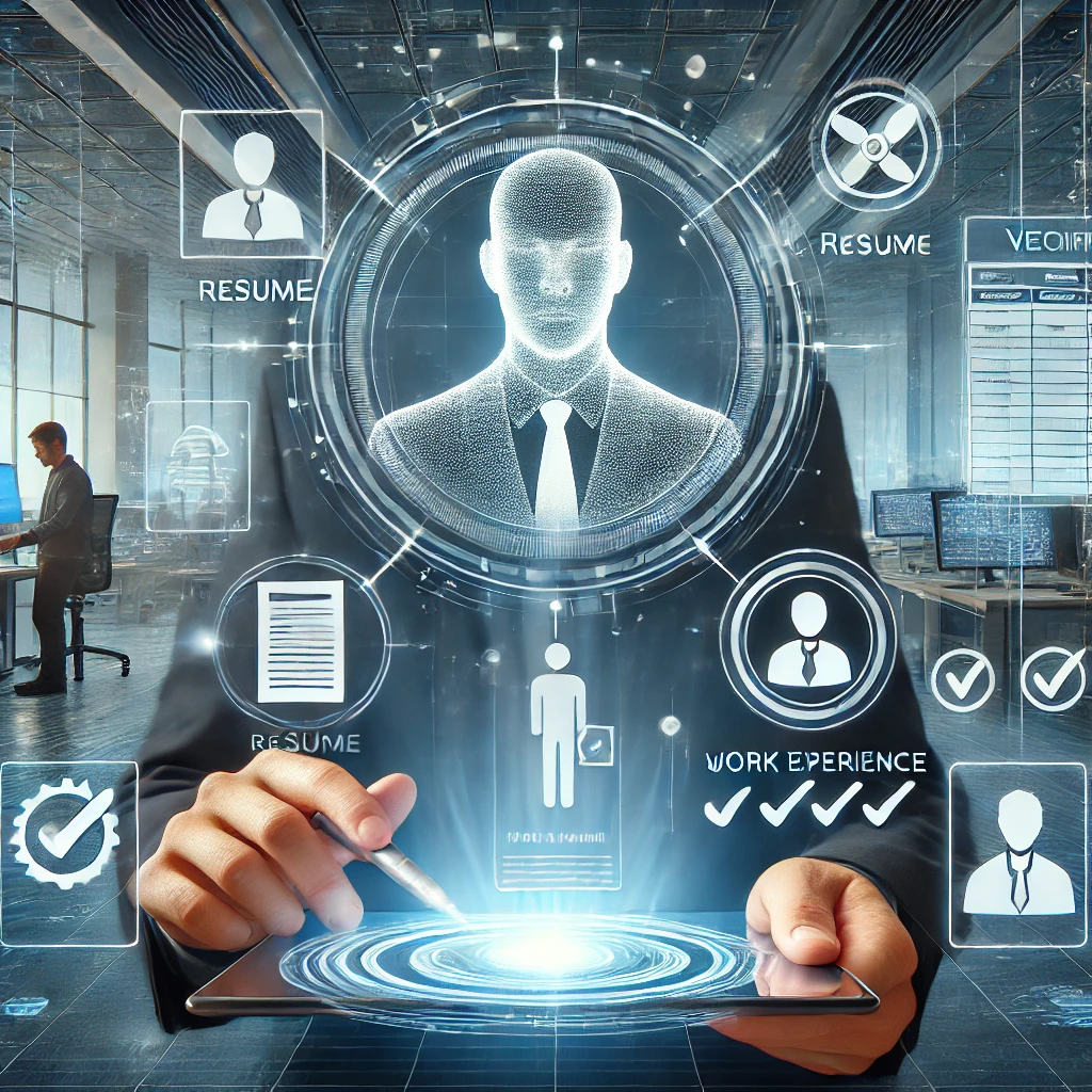 DALL·E 2024-09-27 12.43.58 - A modern digital verification process for employment experience. A central figure uses a tablet to scan and verify work history, surrounded by floatin