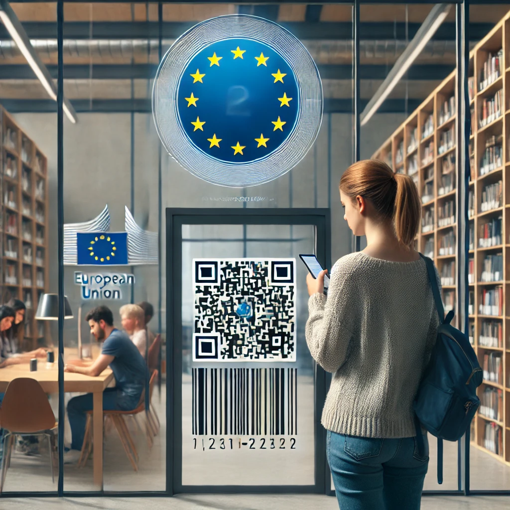 DALL·E 2024-09-30 12.27.35 - A university student standing at the entrance of a modern library, using their smartphone to scan a QR code for digital identity verification. The sce