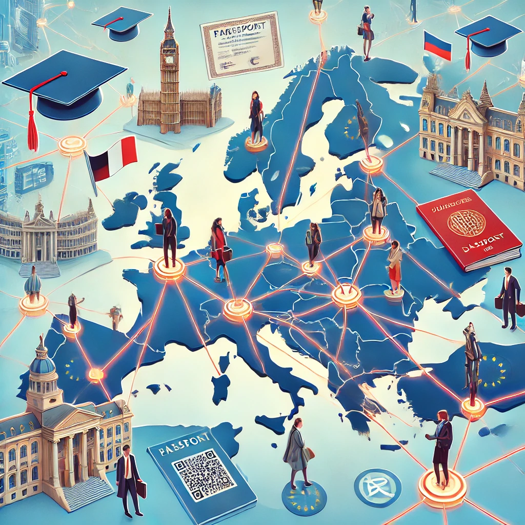 DALL·E 2024-10-18 11.32.34 - A map of Europe with bright lines connecting different countries, with academic diplomas and certificates floating like passport stamps over each nati