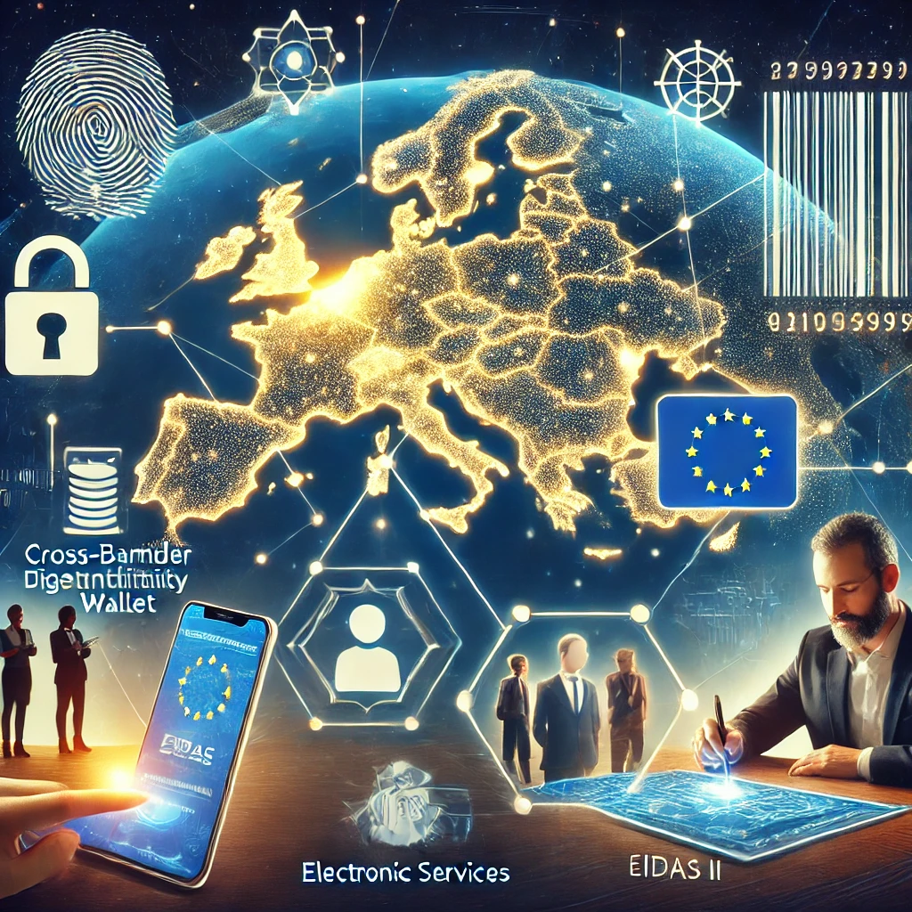 DALL·E 2024-10-01 10.39.29 - 1. A map of Europe with glowing digital lines connecting different countries, symbolizing cross-border digital identity and trust, representing the co