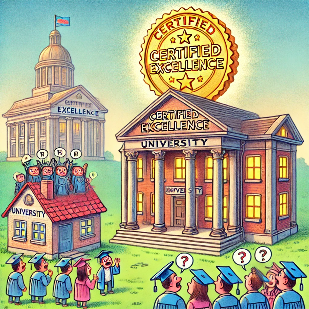 DALL·E 2024-10-02 11.56.20 - A humorous cartoon illustration depicting the importance of university prestige. Show a prestigious university building with a glowing certification s