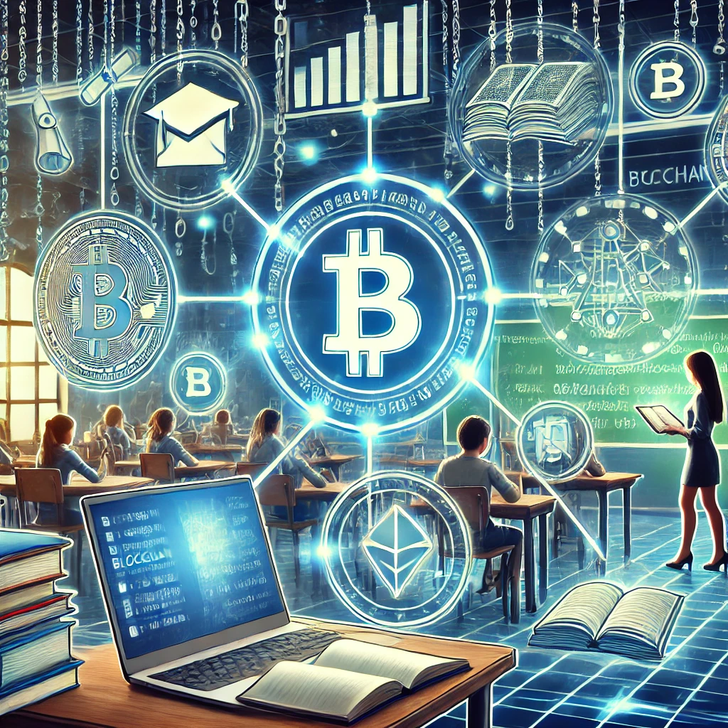 DALL·E 2024-10-07 09.43.27 - An illustration depicting the integration of blockchain technology in education, without any Bitcoin symbols. The image includes elements such as digi