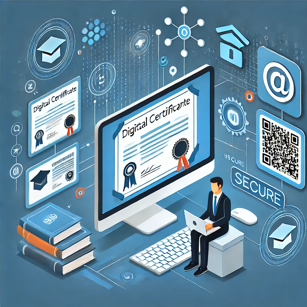 DALL·E 2024-10-07 09.47.18 - An illustration of managing digital educational credentials. The scene shows a person using a computer or tablet to manage digital certificates, with