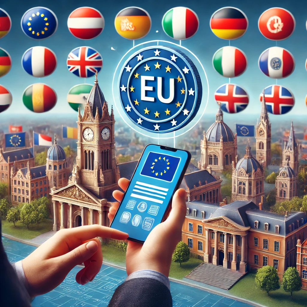 DALL·E 2024-10-14 13.22.23 - A student using their mobile phone to access an online learning platform from various European countries. The student is showing a digital token of th