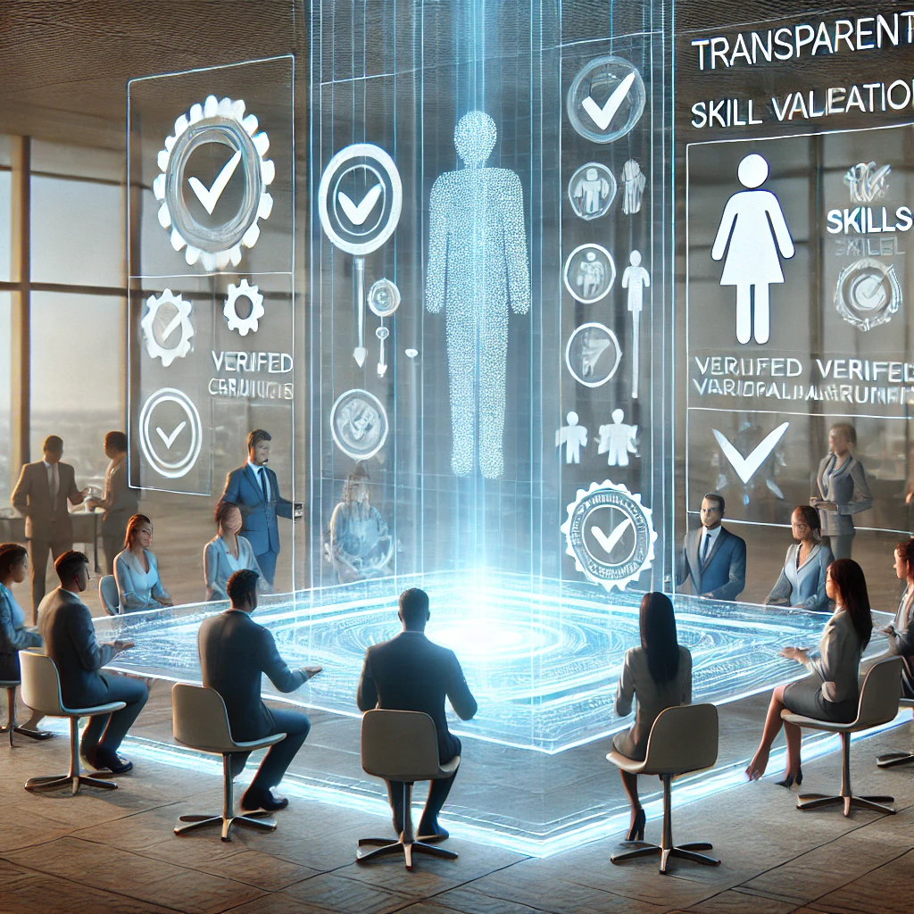 DALL·E 2024-10-14 13.40.02 - A futuristic scene representing transparent hiring and skill validation. The image shows diverse professionals collaborating around a large, transpare