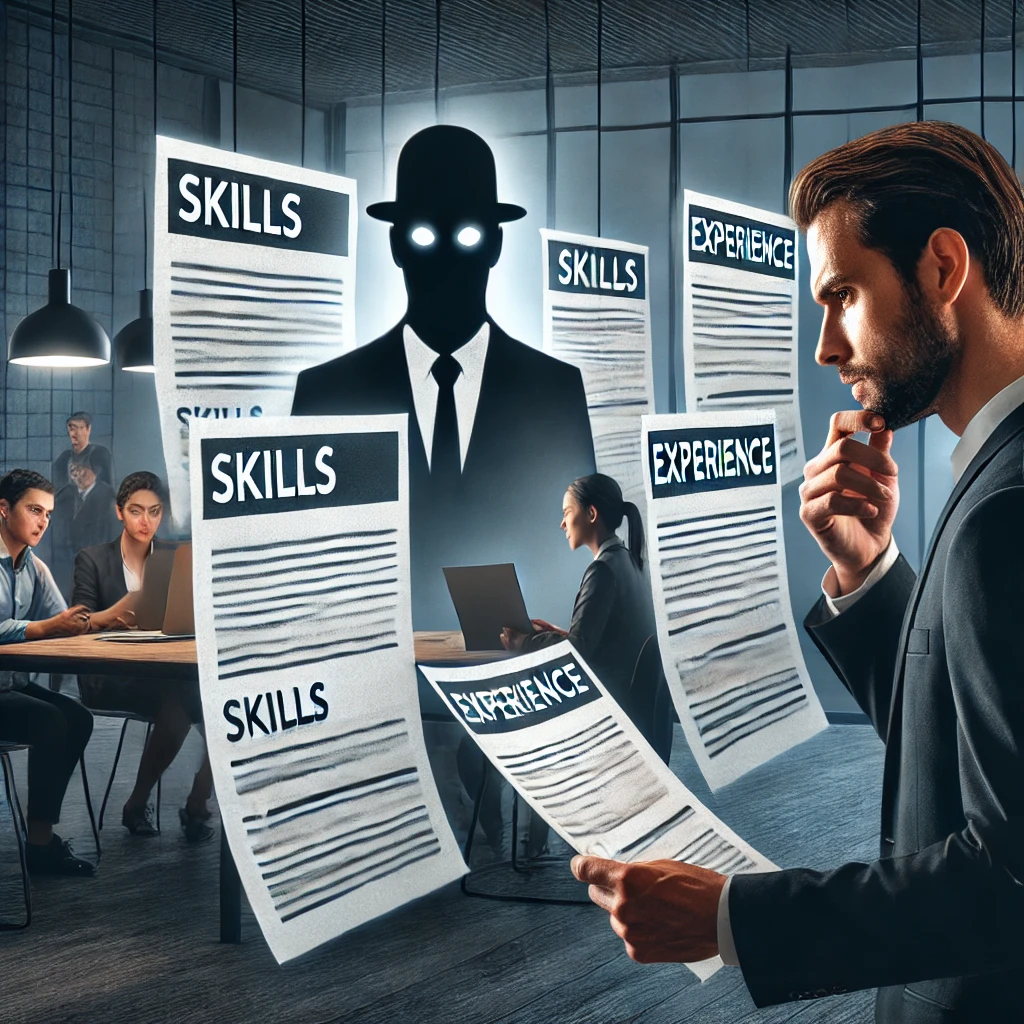 DALL·E 2024-10-25 12.45.09 - A scene in a modern office with a concerned recruiter reviewing multiple resumes. Some resumes are highlighted with bolded sections like 'skills' and