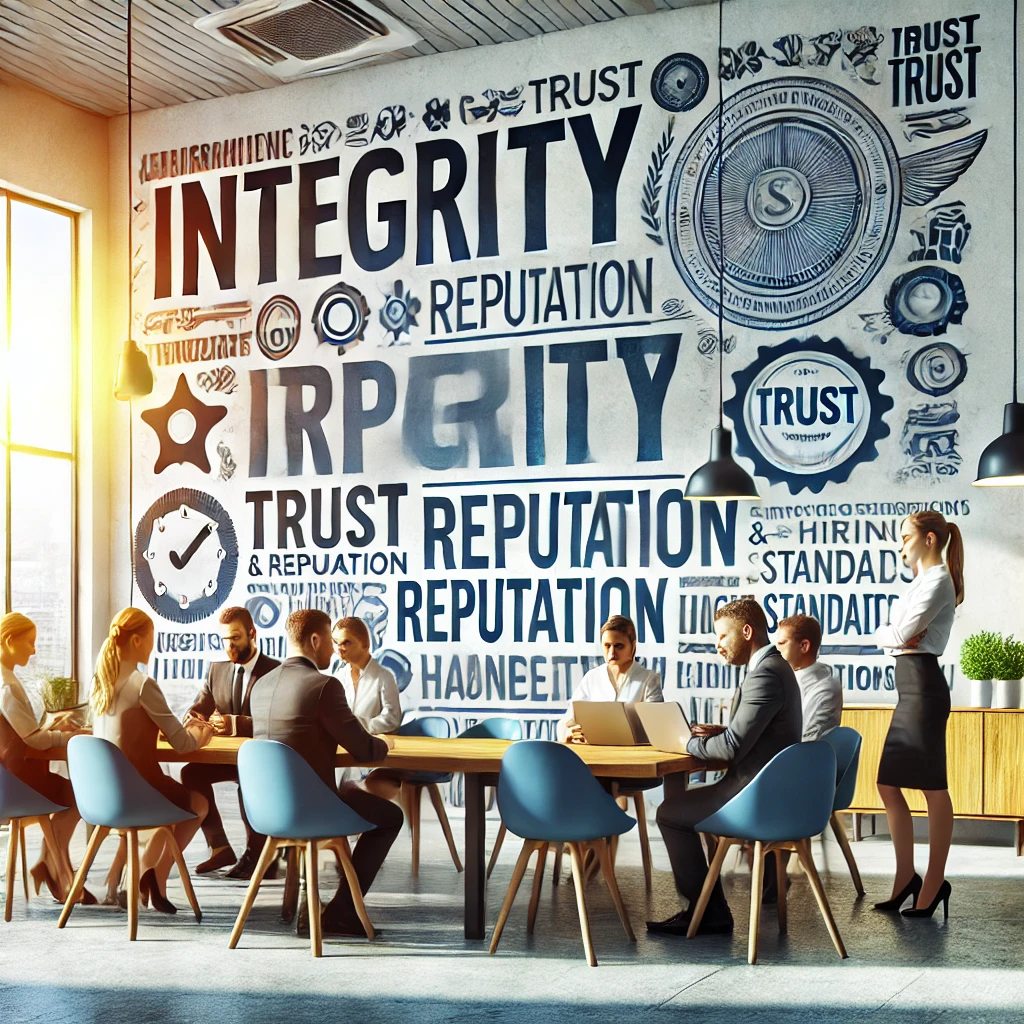 DALL·E 2024-10-25 12.50.22 - A bright, modern office scene with a diverse, motivated team working together. A wall display or poster in the background includes words like 'integri