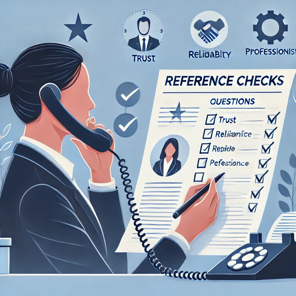 DALL·E 2024-10-25 12.54.58 - A professional illustration showing a recruiter on the phone conducting reference checks. The recruiter is looking at a list of questions and checking
