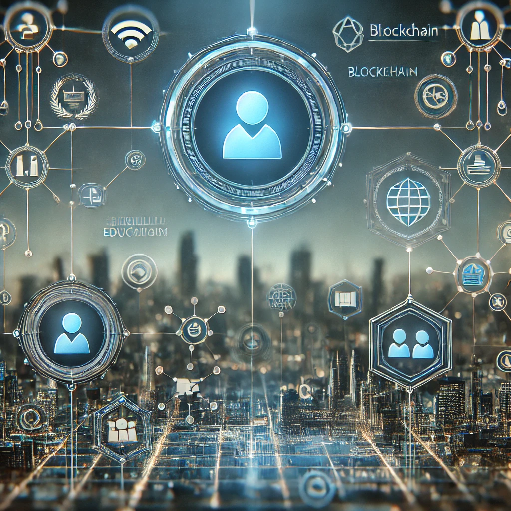 DALL·E 2024-11-05 17.14.24 - A futuristic digital scene representing skill verification and blockchain technology in education and employment. The image features a professional, s