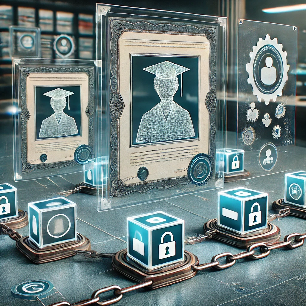 DALL·E 2024-11-05 17.20.35 - A futuristic, professional digital scene symbolizing transparency in academic credential verification. The scene focuses on holographic certificates a