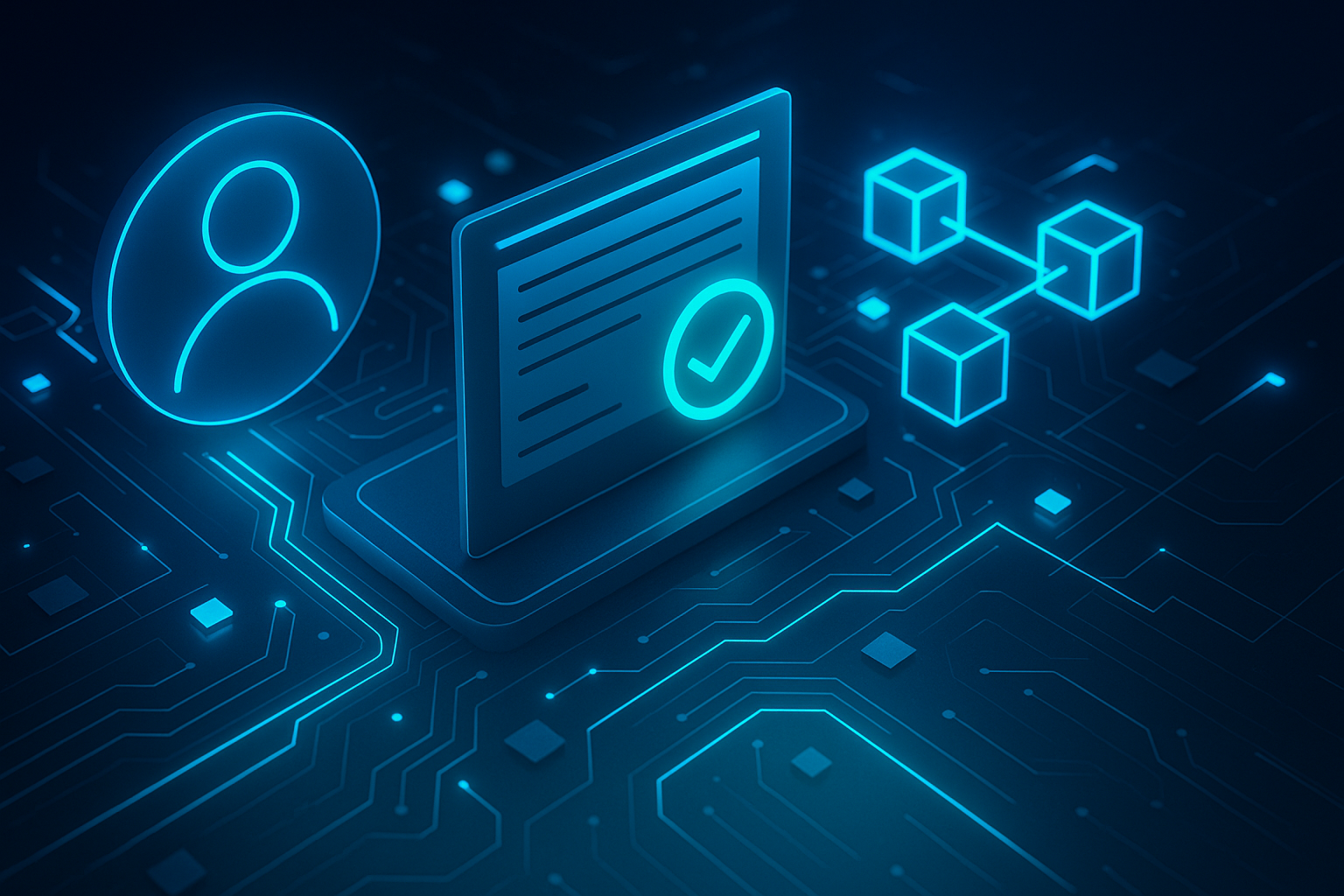 Ilustración digital futurista de una plataforma tecnológica segura para la emisión y verificación de credenciales académicas digitales, con fondo abstracto de datos y conexión en red.