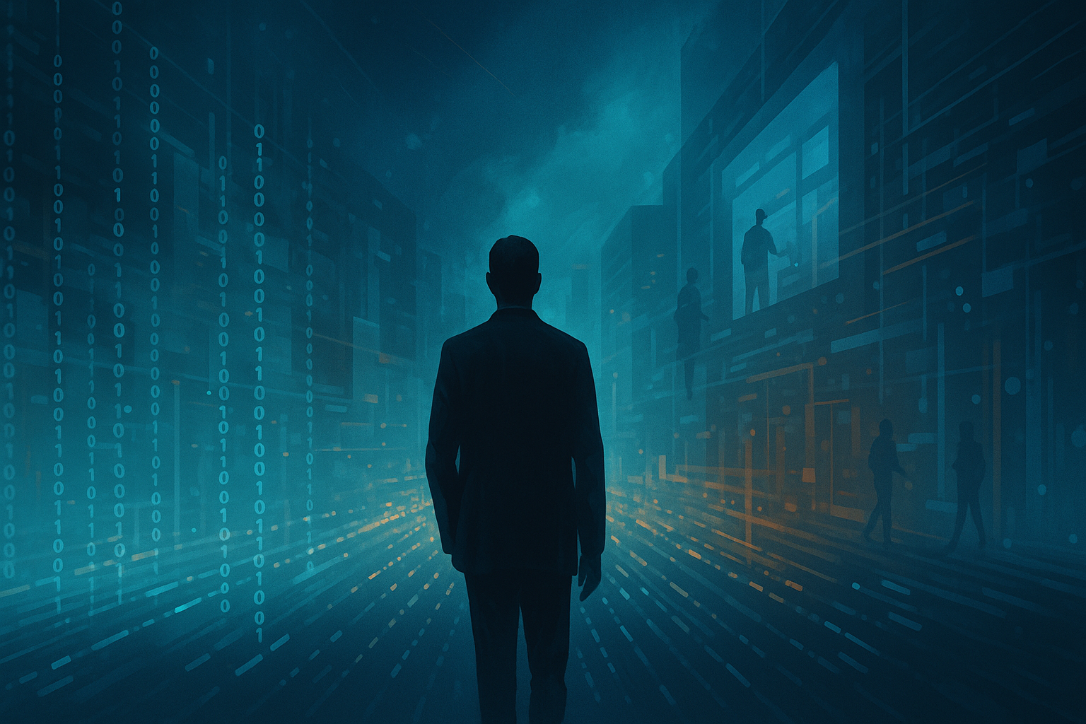 Ilustración digital de estilo futurista que muestra un entorno tecnológico avanzado, con personas difuminadas de fondo interactuando con pantallas holográficas y estructuras digitales abstractas. Ideal como banner horizontal para temas de innovación, educación digital o verificación de credenciales.