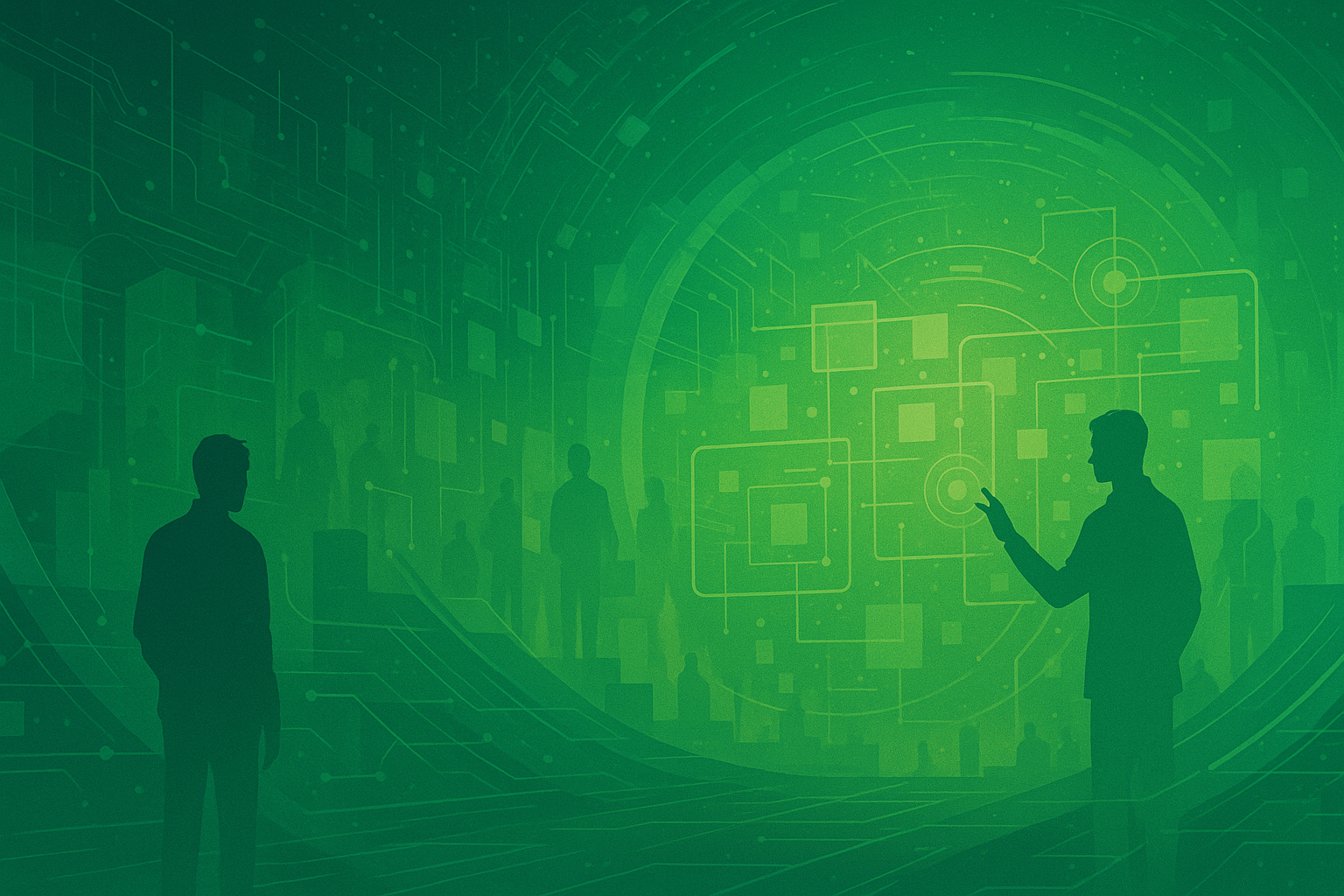 Ilustración digital con tonos verdosos que representa un entorno tecnológico futurista, con figuras humanas al fondo, pantallas holográficas y arquitectura moderna, evocando innovación en el ámbito educativo y digital.