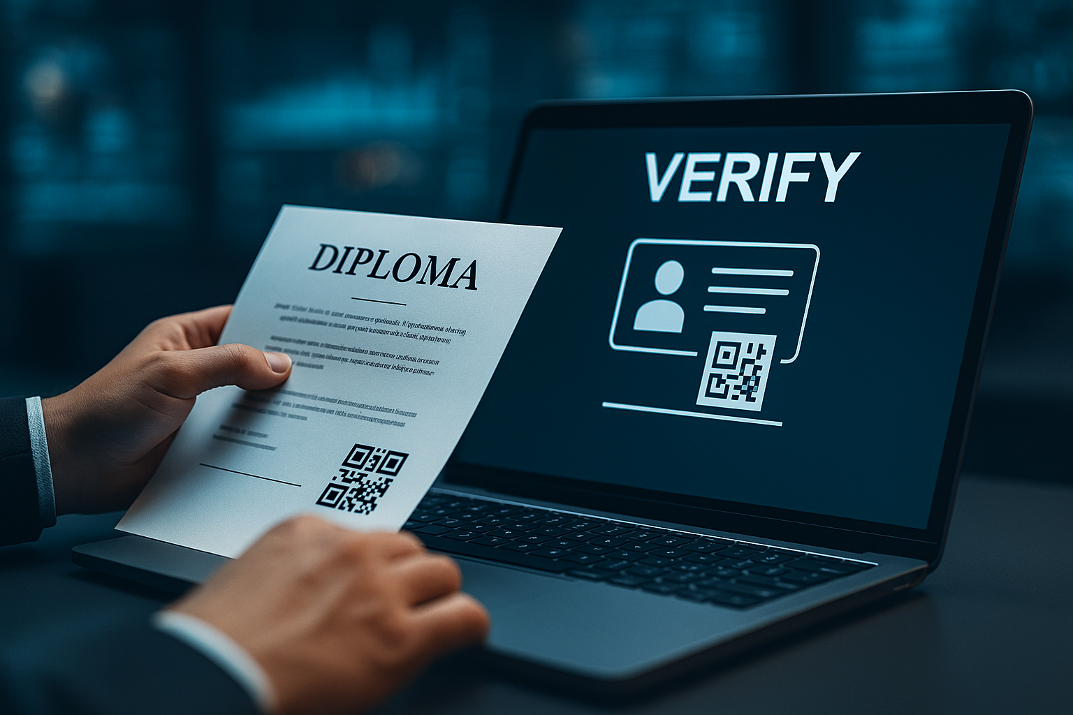 Laptop y móvil mostrando QR y diploma digital sobre fondo tecnológico azul