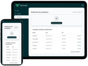 Captura de la plataforma The Truth mostrando la vista de verificación de credenciales de candidatos