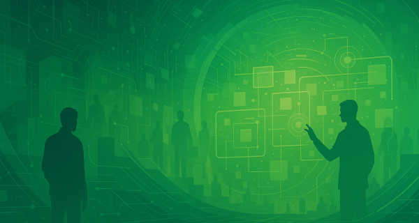Ilustración digital con tonos verdosos que representa un entorno tecnológico futurista, con figuras humanas al fondo, pantallas holográficas y arquitectura moderna, evocando innovación en el ámbito educativo y digital.