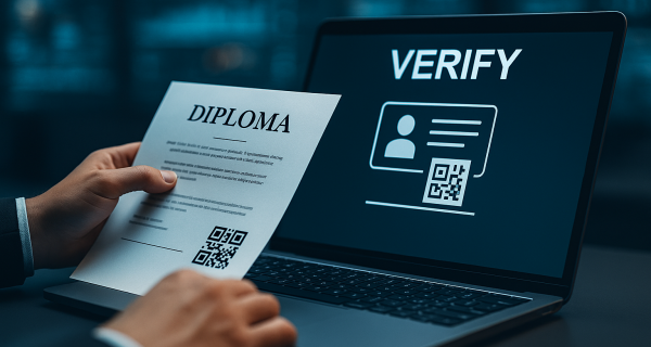 Laptop y móvil mostrando QR y diploma digital sobre fondo tecnológico azul