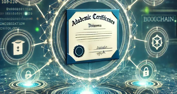 DALL·E 2024-09-26 10.29.52 - A modern, digital image representing academic credentials on blockchain technology. The scene features a blockchain network diagram with connected nod