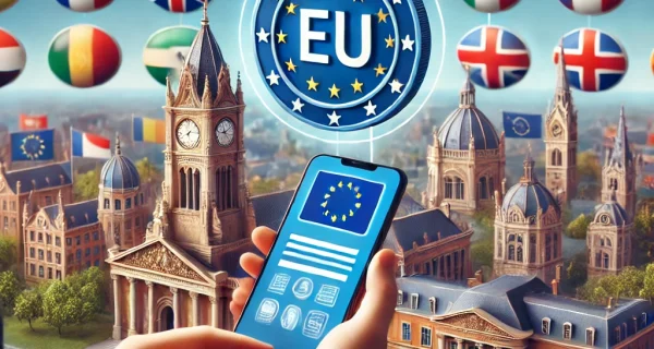 DALL·E 2024-10-14 13.22.23 - A student using their mobile phone to access an online learning platform from various European countries. The student is showing a digital token of th