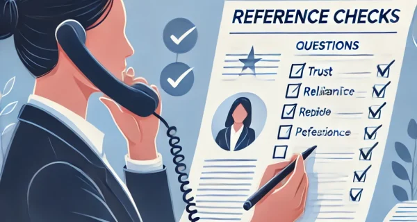 DALL·E 2024-10-25 12.54.58 - A professional illustration showing a recruiter on the phone conducting reference checks. The recruiter is looking at a list of questions and checking