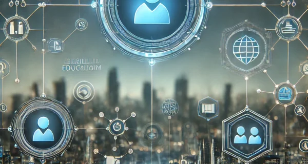 DALL·E 2024-11-05 17.14.24 - A futuristic digital scene representing skill verification and blockchain technology in education and employment. The image features a professional, s