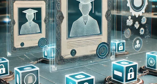 DALL·E 2024-11-05 17.20.35 - A futuristic, professional digital scene symbolizing transparency in academic credential verification. The scene focuses on holographic certificates a